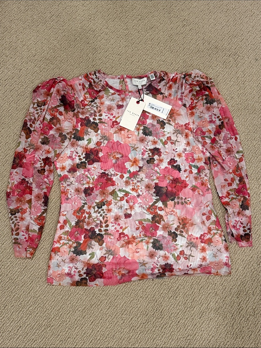 NWT—Ted Baker Multicolor Pink Floral Puff-Sleeve Blouse